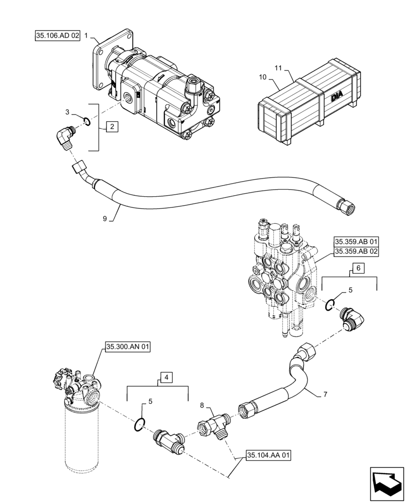 Схема запчастей Case 570N EP - (35.104.AA[02]) - VAR - 745437 - PARKER PTO PUMP & HYDRAULIC LINES (35) - HYDRAULIC SYSTEMS