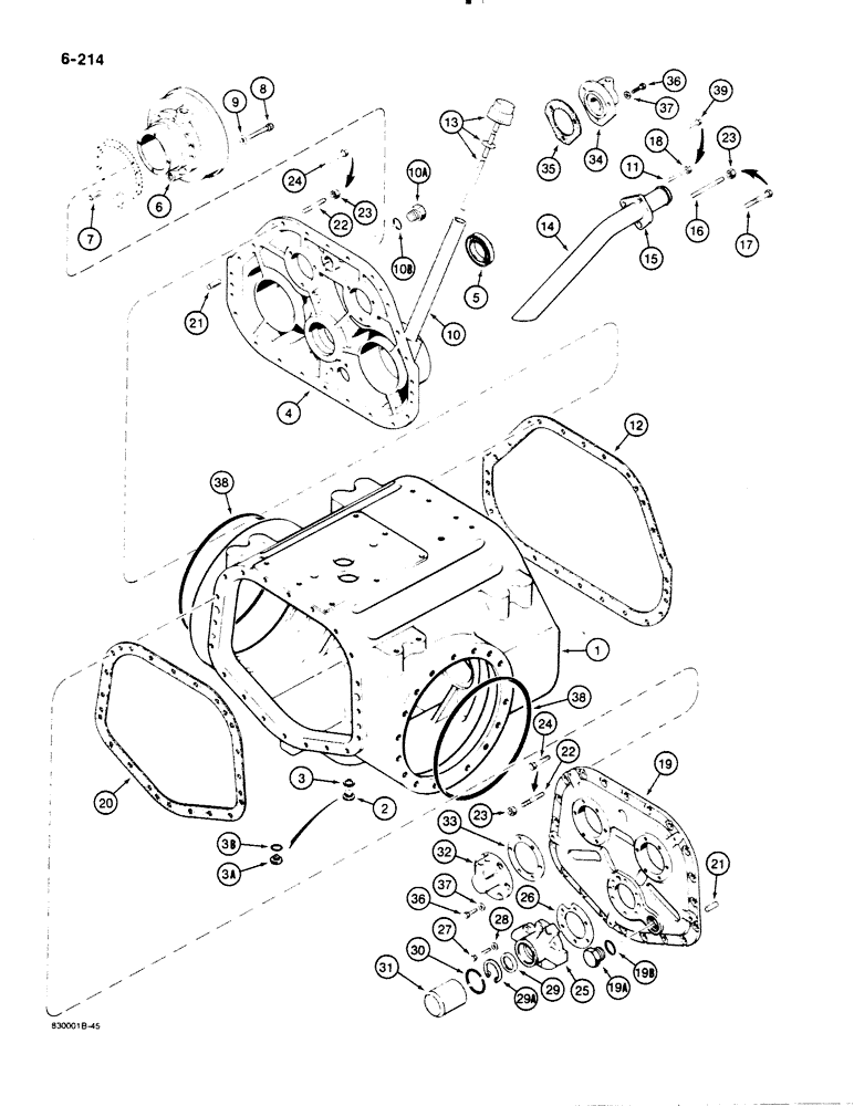Схема запчастей Case 1450B - (6-214) - TRANSMISSION HOUSING, COVERS, AND DIPSTICK, MODELS WITH FILL TUBE ON THE FRONT COVER, IF USED (06) - POWER TRAIN