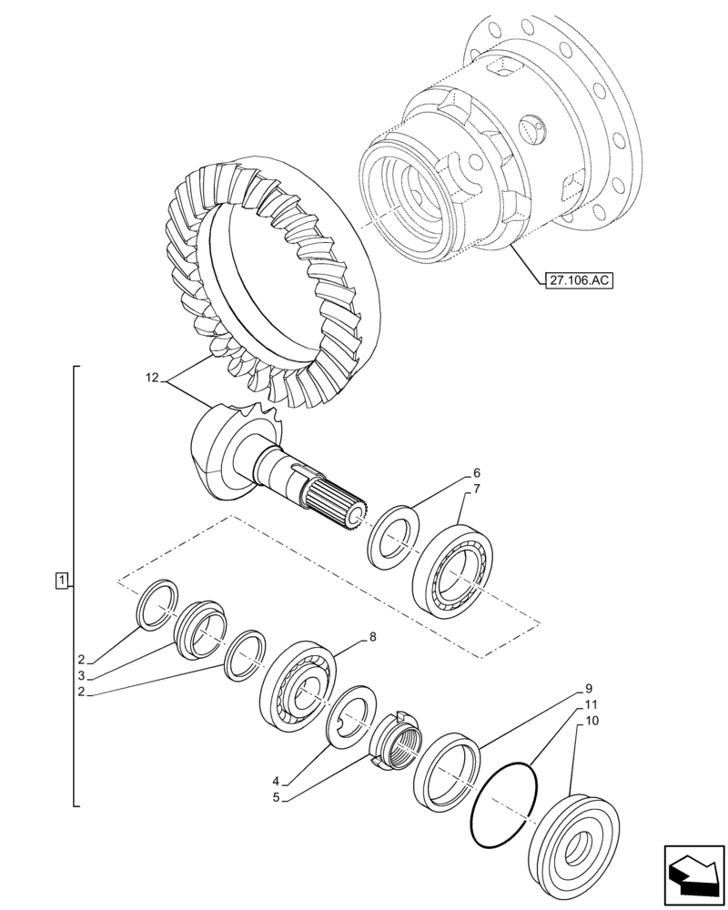 Схема запчастей Case 590SN - (27.106.AA) - REAR AXLE, BEVEL GEAR (27) - REAR AXLE SYSTEM