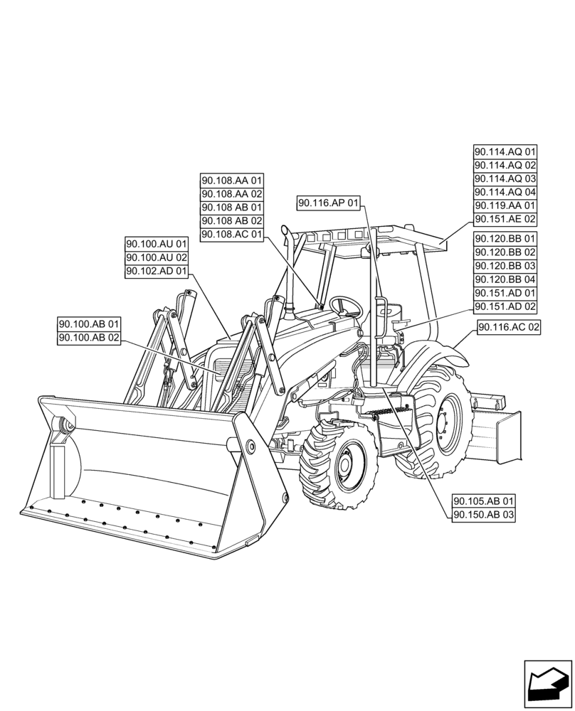 Схема запчастей Case 570N EP - (90.000.00) - SECTION INDEX - PLATFORM, CANOPY, BODYWORK & DECALS (90) - PLATFORM, CAB, BODYWORK AND DECALS
