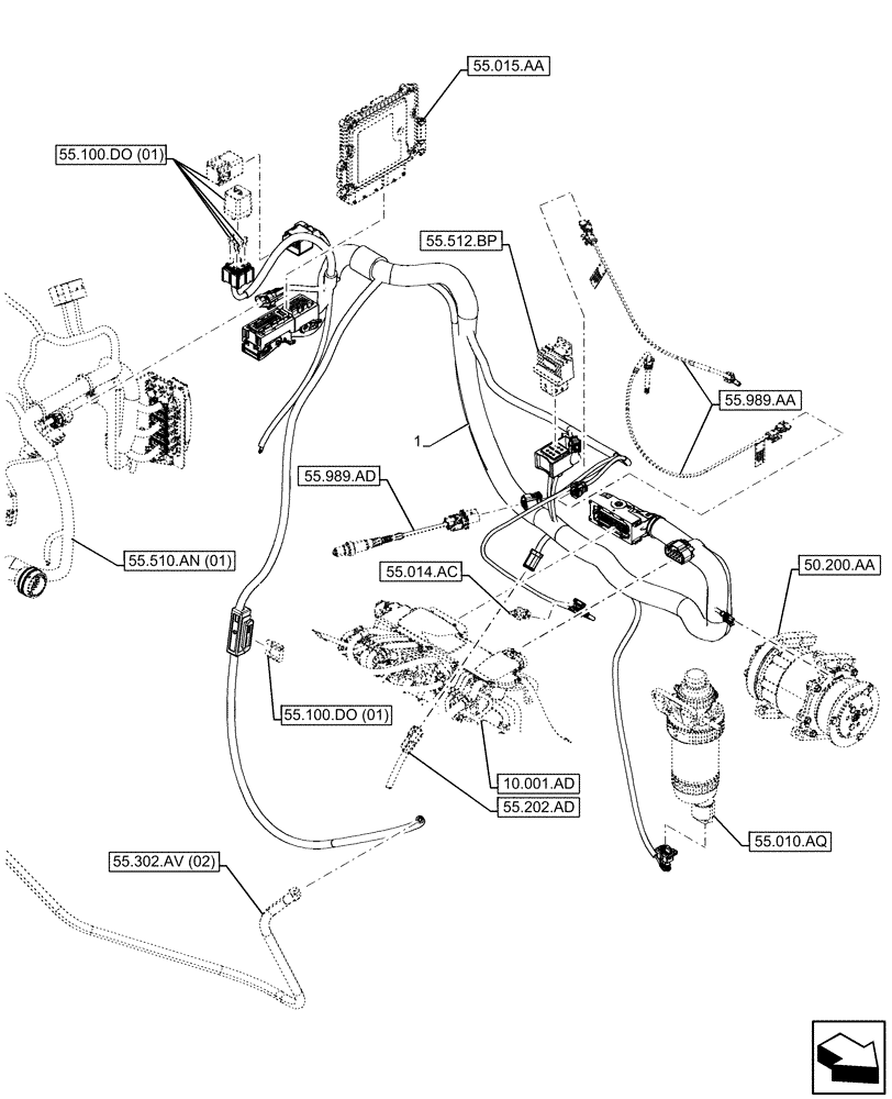 Схема запчастей Case 580N EP - (55.015.AB[01]) - ENGINE, WIRE HARNESS (55) - ELECTRICAL SYSTEMS