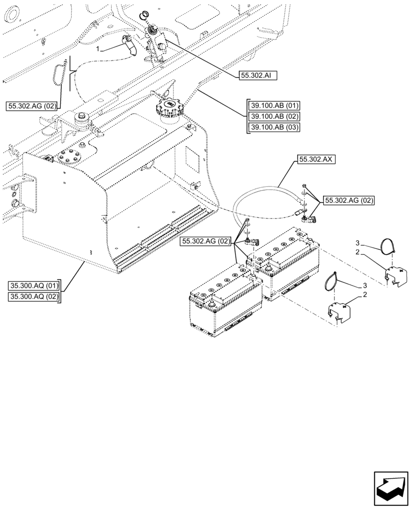 Схема запчастей Case 580N EP - (55.302.AV[02]) - DUAL BATTERY, POSITIVE, CABLE (55) - ELECTRICAL SYSTEMS