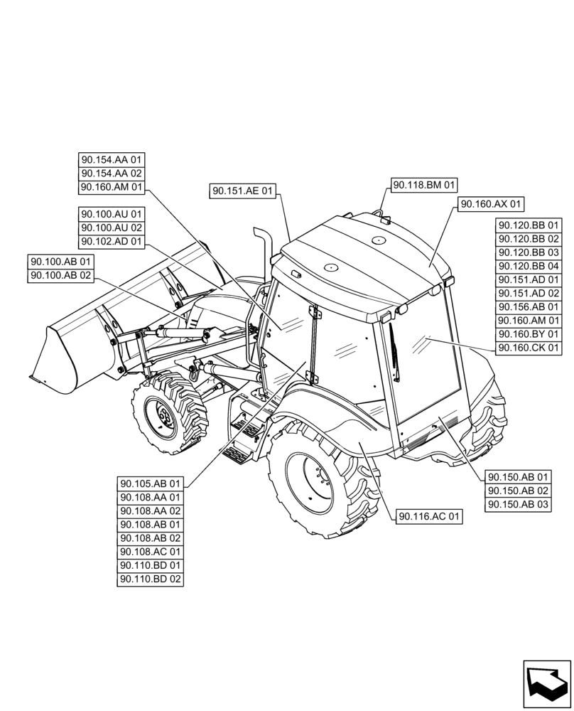 Схема запчастей Case 570N EP - (90.000.00) - SECTION INDEX - PLATFORM, CAB, BODYWORK & DECALS (90) - PLATFORM, CAB, BODYWORK AND DECALS