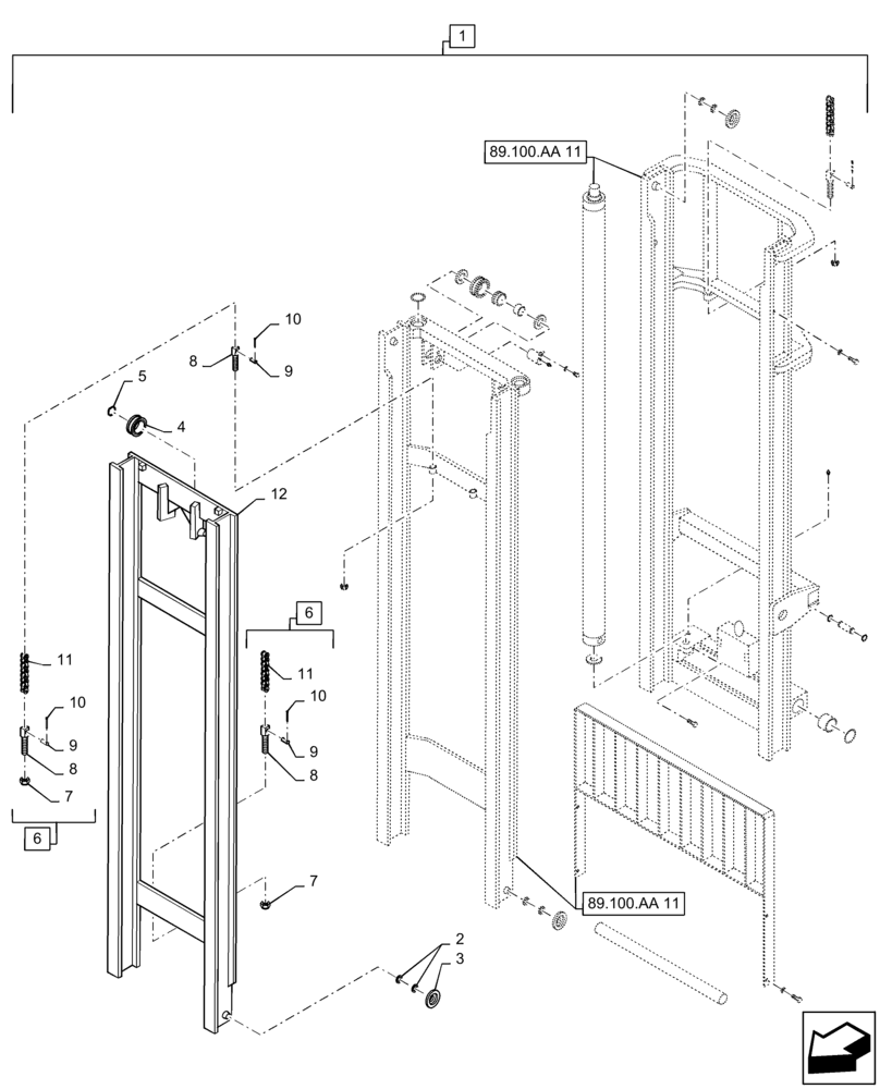Схема запчастей Case 586H - (89.100.AA[12]) - VAR 423027 - MAST ASSEMBLY, 6000LB, 22 FT, 3-STAGE, 60 IN, HOOK (89) - TOOLS