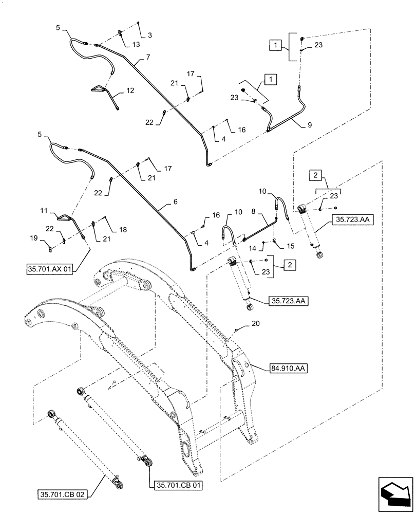 Схема запчастей Case TV380 - (35.723.020) - BUCKET CYLINDER LINES (35) - HYDRAULIC SYSTEMS