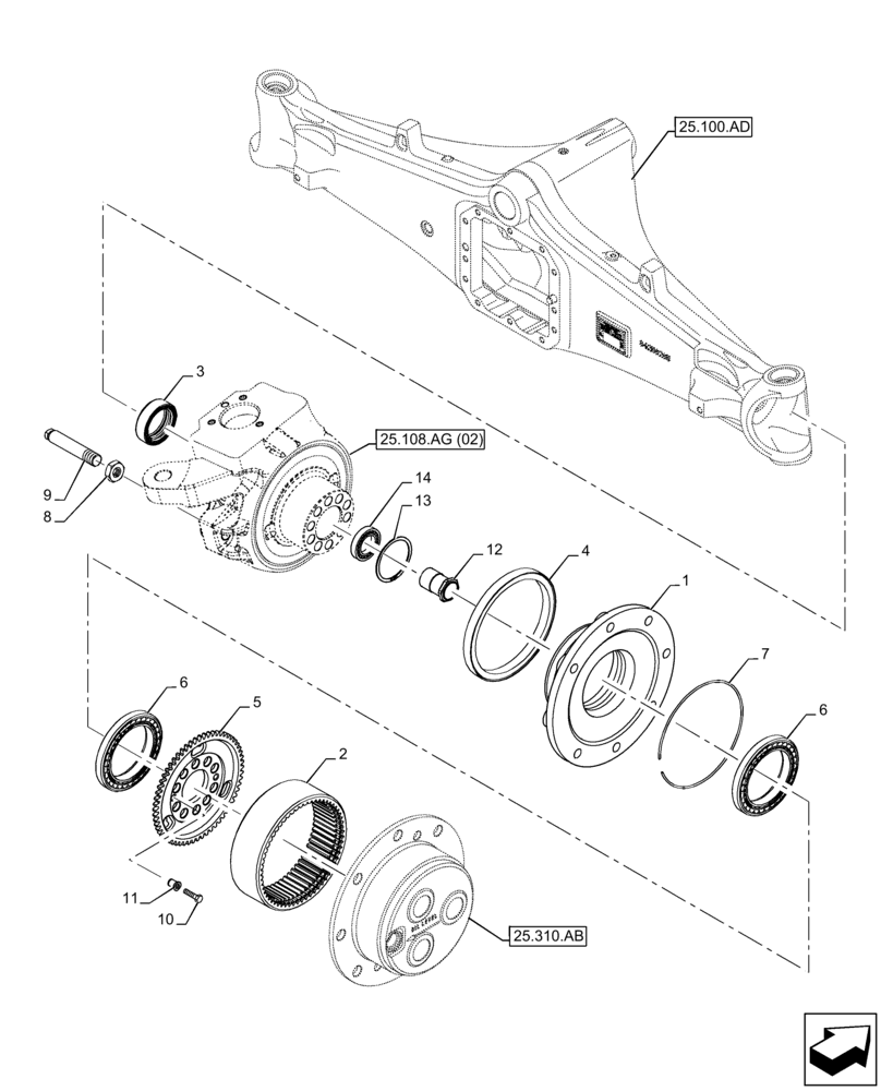Схема запчастей Case 580SN - (25.108.AE[02]) - FRONT AXLE, STEERING KNUCKLE, 4WD (25) - FRONT AXLE SYSTEM