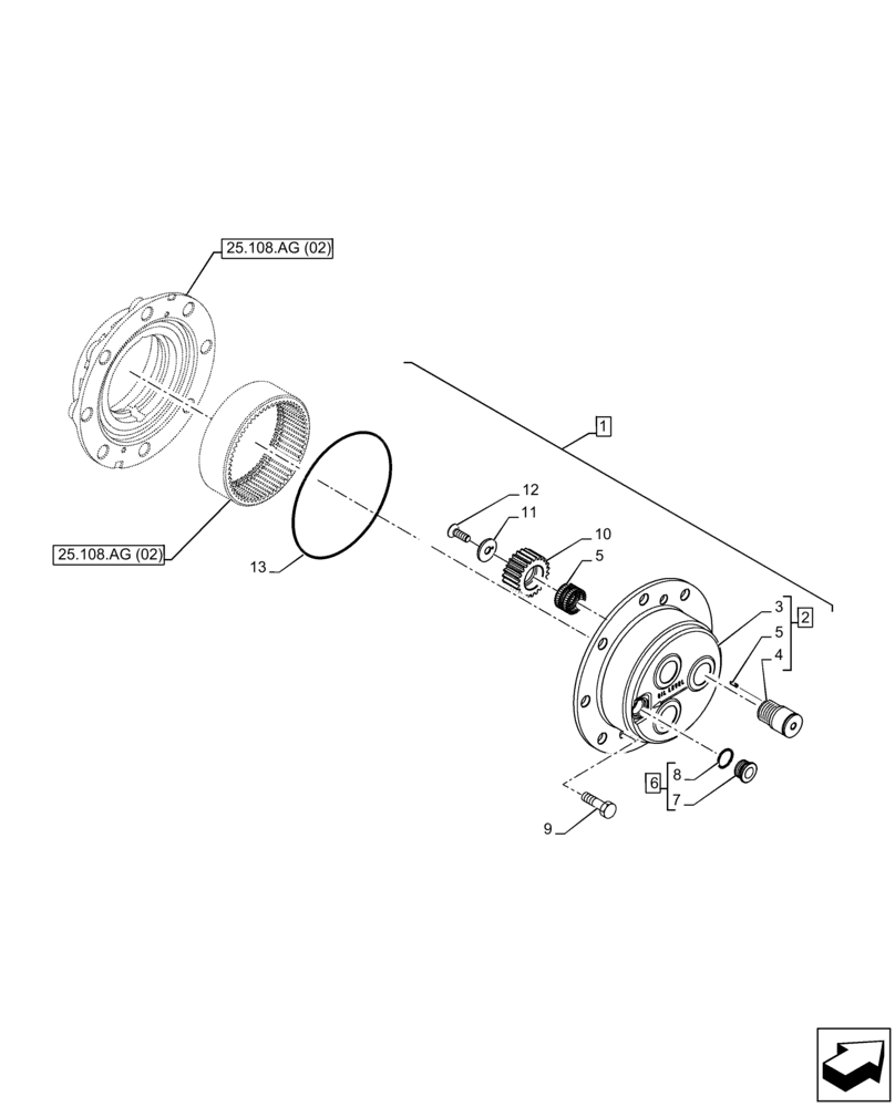 Схема запчастей Case 590SN - (25.310.AB) - FRONT AXLE, PLANETARY REDUCER, CARRIER, 4WD (25) - FRONT AXLE SYSTEM