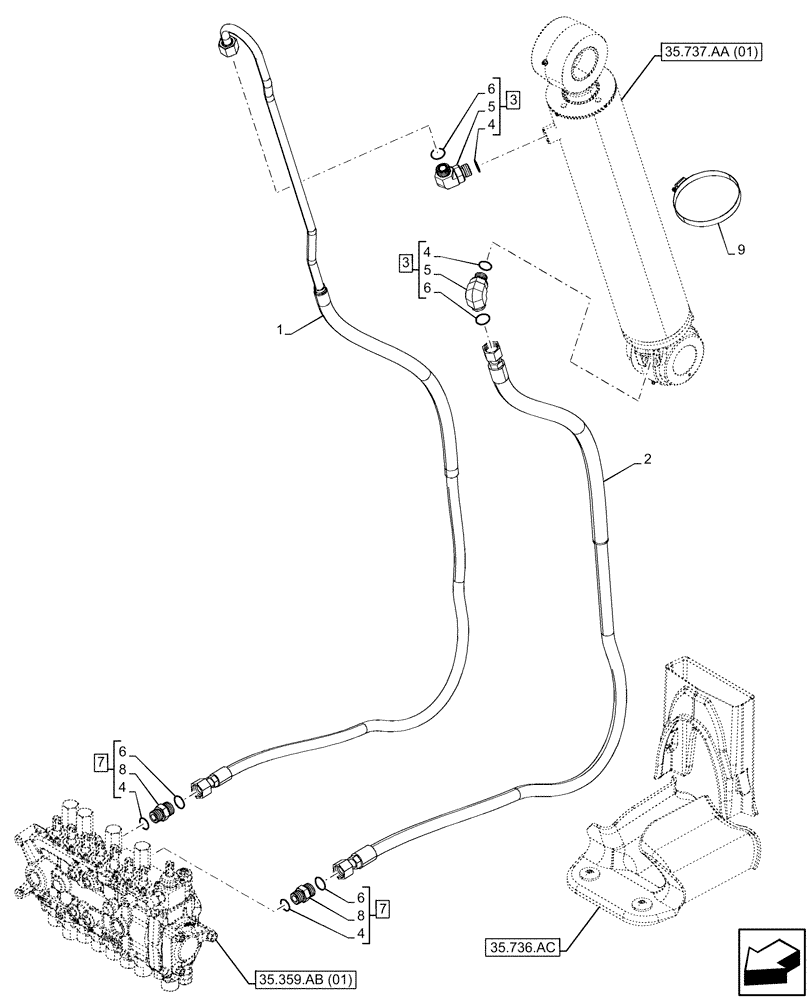 Схема запчастей Case 590SN - (35.737.AE) - DIPPER, CYLINDER, BOOM, LINE (35) - HYDRAULIC SYSTEMS