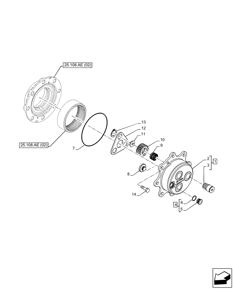 Схема запчастей Case 580N EP - (25.310.AB) - FRONT AXLE, PLANETARY REDUCER, CARRIER, 4WD (25) - FRONT AXLE SYSTEM