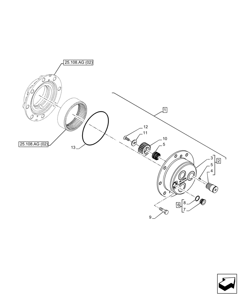 Схема запчастей Case 580SN - (25.310.AB) - FRONT AXLE, PLANETARY REDUCER, CARRIER, 4WD (25) - FRONT AXLE SYSTEM