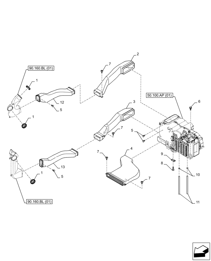 Схема запчастей Case CX210D LC - (50.104.AO[01]) - AIR CONDITIONING, W/ CAB, HEATER, AIR DUCT (50) - CAB CLIMATE CONTROL