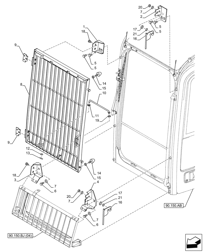 Схема запчастей Case CX210D LC - (90.150.BJ[05]) - VAR - 781986 - FRONT, STONEGUARD, OPENABLE (90) - PLATFORM, CAB, BODYWORK AND DECALS