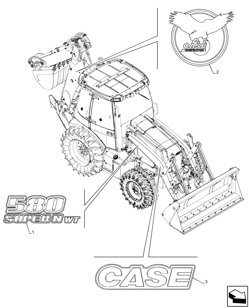 Схема запчастей Case 580SN WT - (90.108.AB[01]) - VAR - 747882, 747883 - MODEL IDENTIFICATION DECAL (90) - PLATFORM, CAB, BODYWORK AND DECALS