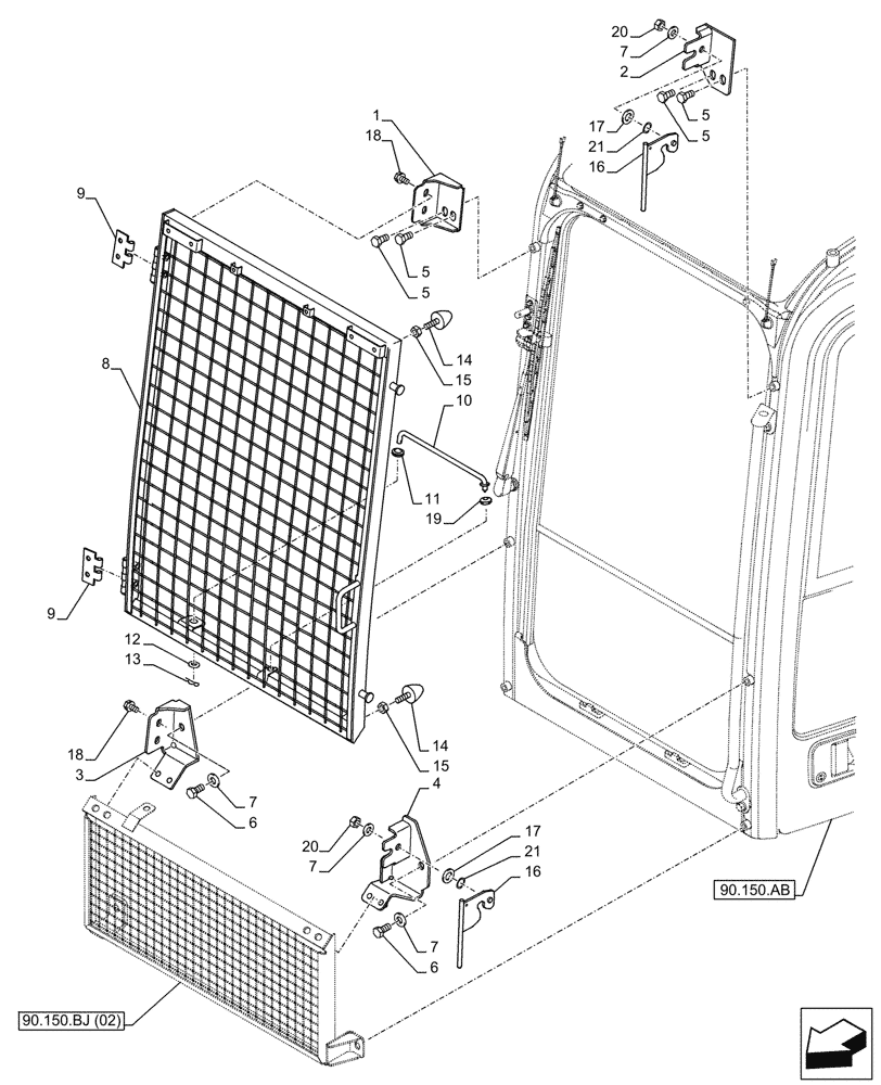 Схема запчастей Case CX210D LC - (90.150.BJ[03]) - VAR - 461142 - FRONT, GRILL, GUARD (90) - PLATFORM, CAB, BODYWORK AND DECALS