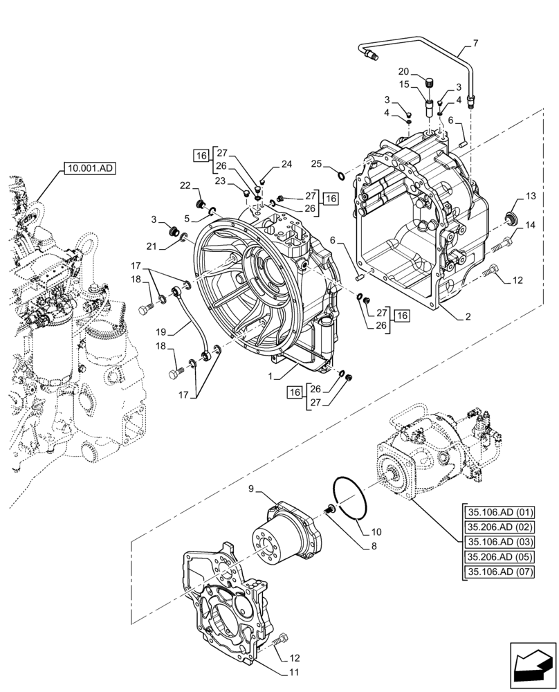 Схема запчастей Case 590SN - (21.112.AC[02]) - VAR - 423058 - TRANSMISSION, POWERSHUTTLE, HOUSING, 2WD (21) - TRANSMISSION