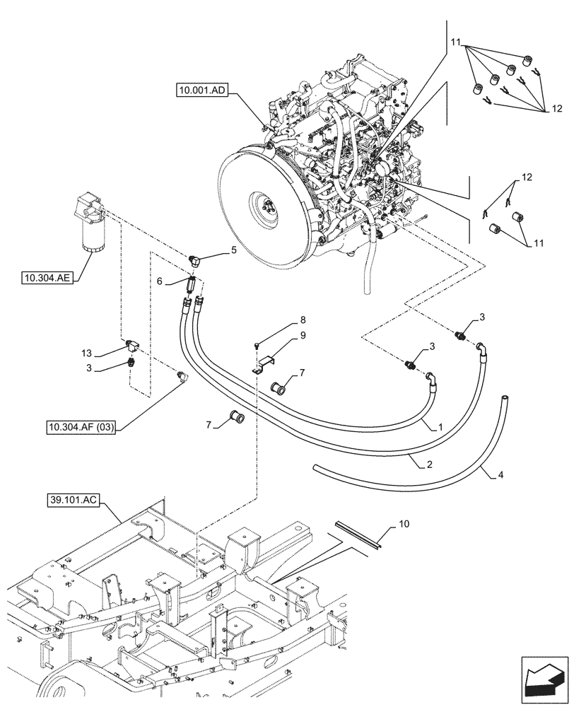 Схема запчастей Case CX250D LC - (10.304.AF[02]) - VAR - 488034 - ENGINE OIL FILTER, DRAIN LINE (10) - ENGINE