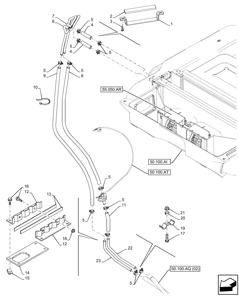 Схема запчастей Case 590SN - (50.100.AQ[01]) - VAR - 747853, 747854, 747855 - CAB, HEATER, HOSE (50) - CAB CLIMATE CONTROL