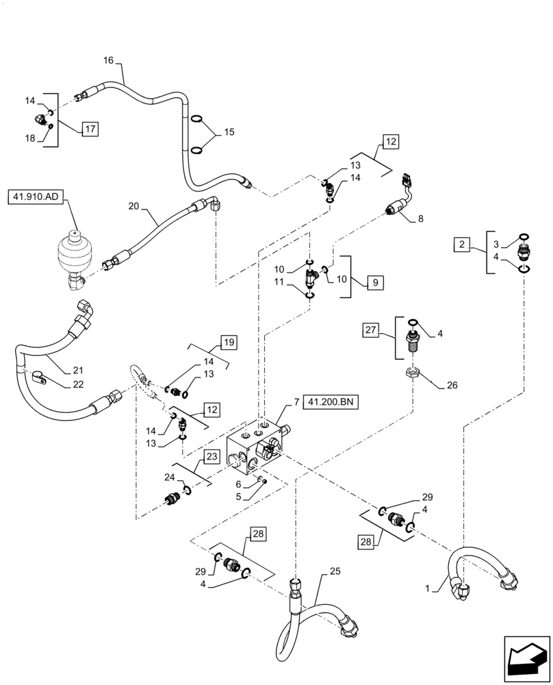 Схема запчастей Case 721F - (41.910.AE) - AUXILIARY STEERING LINES AND CONNECTOR (41) - STEERING