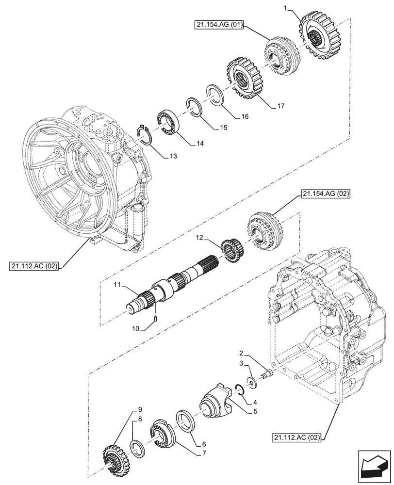 Схема запчастей Case 590SN - (21.154.AJ[05]) - VAR - 423058 - TRANSMISSION, POWERSHUTTLE, DRIVE SHAFT, DRIVEN SHAFT, 2WD (21) - TRANSMISSION