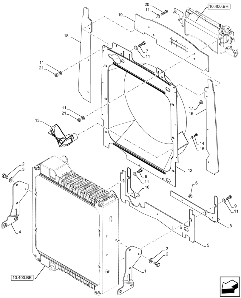 Схема запчастей Case 580N EP - (10.400.BF) - VAR - 442082, 747853, 747854, 747855 - RADIATOR, SUPPORT, SHROUD (10) - ENGINE