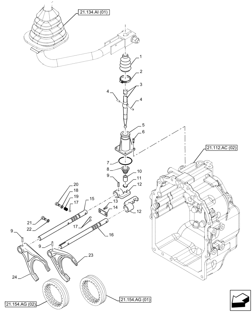Схема запчастей Case 590SN - (21.134.AH) - VAR - 423058 - TRANSMISSION, POWERSHUTTLE, CONTROL LEVER, 2WD (21) - TRANSMISSION