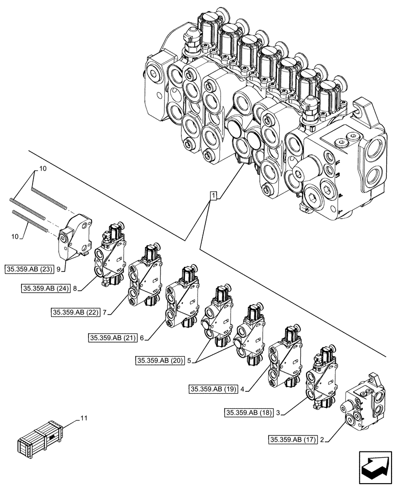 Схема запчастей Case 580SN WT - (35.359.AB[14]) - BACKHOE CONTROL VALVE, 8-SPOOL, COMPONENTS, STANDARD DIPPER, W/ PILOT CONTROLS (35) - HYDRAULIC SYSTEMS