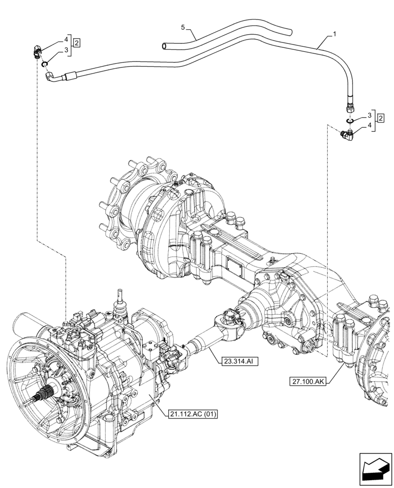 Схема запчастей Case 580N EP - (27.106.AN[01]) - VAR - 423058, 423059 - TRANSMISSION, POWERSHUTTLE, DIFFERENTIAL LOCK, OIL, SUCTION PIPE (27) - REAR AXLE SYSTEM
