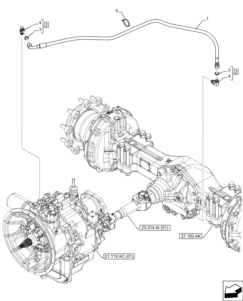 Схема запчастей Case 590SN - (27.106.AN[01]) - VAR - 423058, 423059 - TRANSMISSION, POWERSHUTTLE, DIFFERENTIAL LOCK, OIL, SUCTION PIPE (27) - REAR AXLE SYSTEM