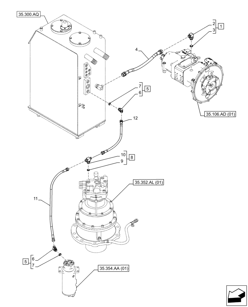 Схема запчастей Case CX210D LC LR - (35.352.AI[02]) - MOTO-REDUCTION GEAR, LINES (35) - HYDRAULIC SYSTEMS