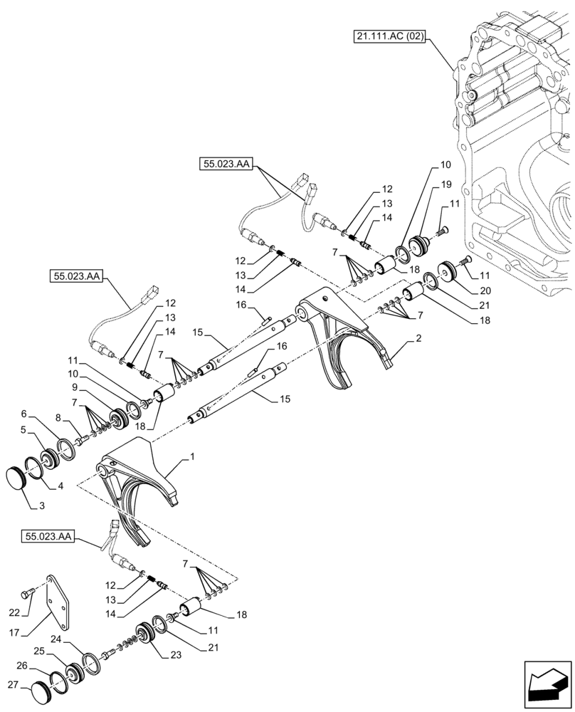 Схема запчастей Case 590SN - (21.133.AF) - VAR - 423060, 423061 - TRANSMISSION, SEMI-POWERSHIFT, TRANSMISSION CONTROL, FORK (21) - TRANSMISSION