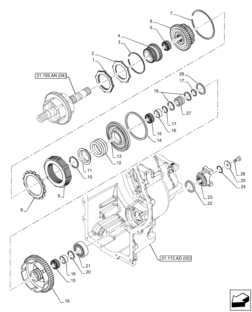 Схема запчастей Case 590SN - (21.155.AN[05]) - VAR - 423062 - TRANSMISSION, POWERSHIFT, INPUT SHAFT, 4WD (21) - TRANSMISSION