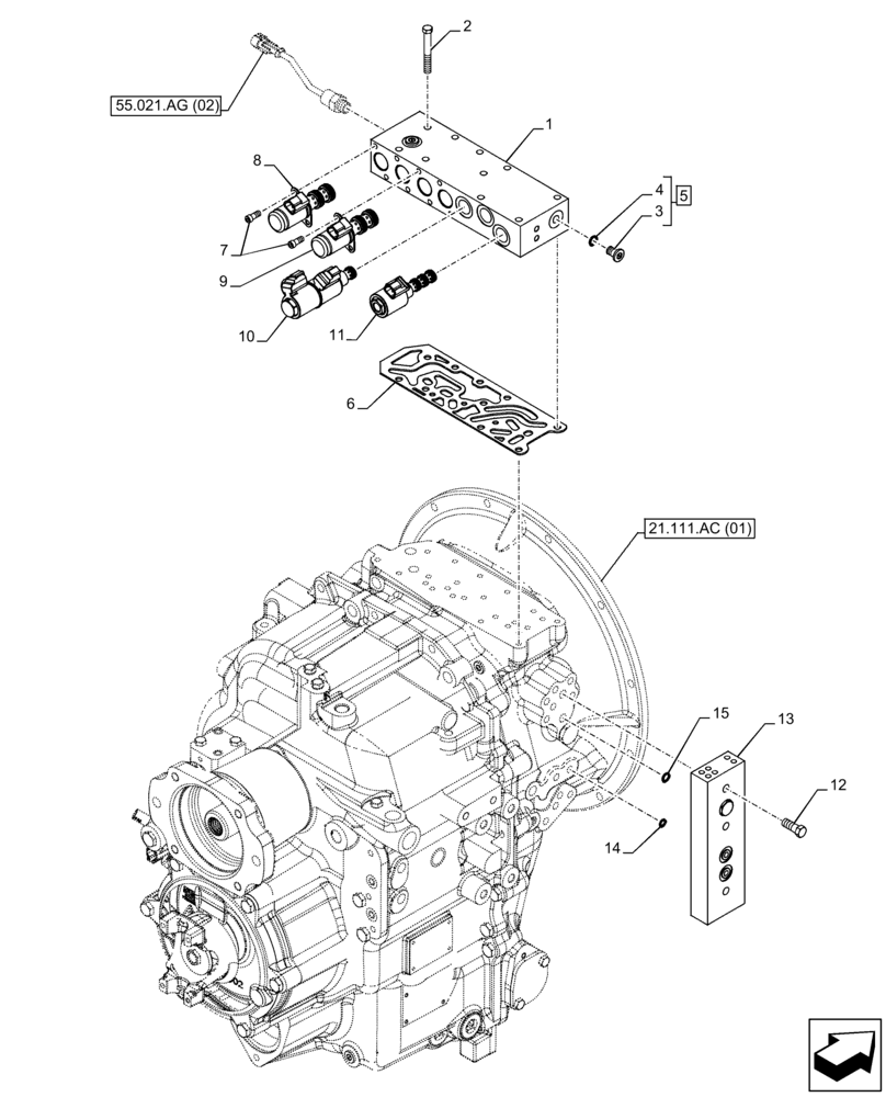 Схема запчастей Case 590SN - (21.133.AK) - VAR - 423060, 423061 - TRANSMISSION, SEMI-POWERSHIFT, CONTROL VALVE (21) - TRANSMISSION