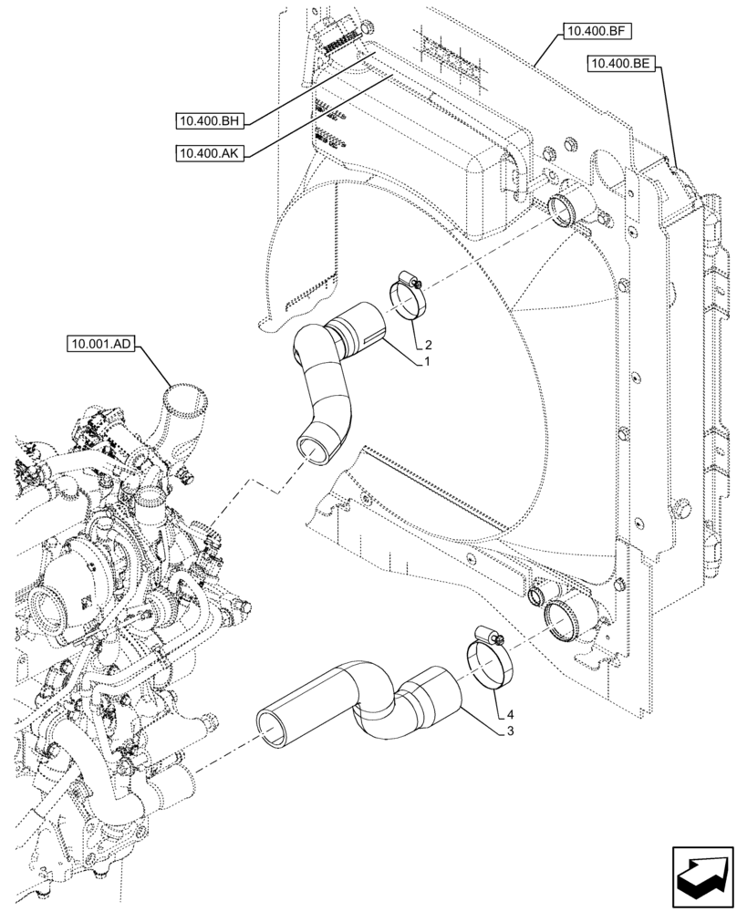 Схема запчастей Case 590SN - (10.400.AY[03]) - VAR - 423000, 442082, 747853, 747854, 747855 - RADIATOR & HOSE (10) - ENGINE