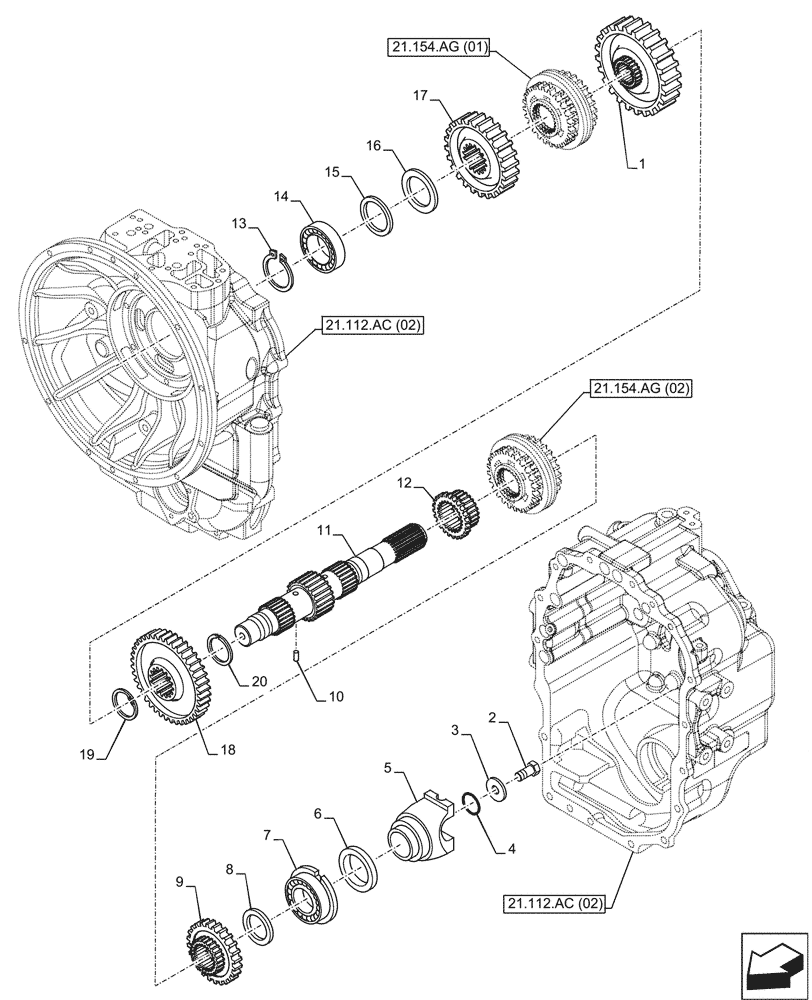 Схема запчастей Case 590SN - (21.154.AJ[05]) - VAR - 423059 - TRANSMISSION, POWERSHUTTLE, DRIVE SHAFT, DRIVEN SHAFT, 4WD (21) - TRANSMISSION