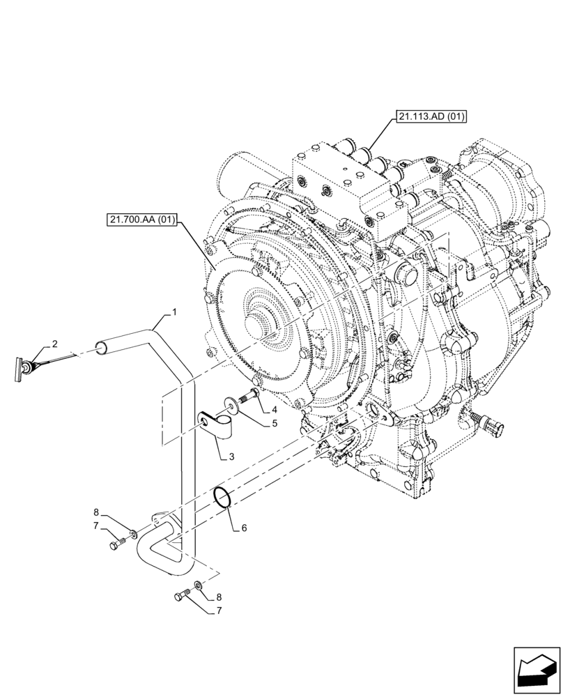 Схема запчастей Case 590SN - (21.133.AF) - VAR - 423062 - TRANSMISSION, POWERSHIFT, OIL FILL & DIPSTICK (21) - TRANSMISSION