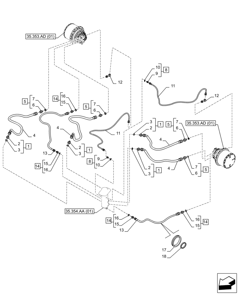 Схема запчастей Case CX210D LC LR - (35.353.AE) - TRAVEL MOTOR & REDUCTION GEAR, LINE (35) - HYDRAULIC SYSTEMS