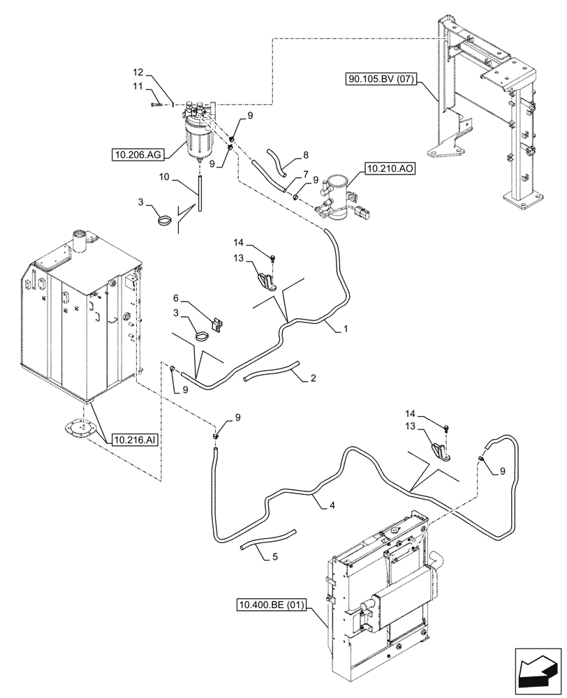Схема запчастей Case CX210D LC LR - (10.216.BA[01]) - FUEL TANK LINE (10) - ENGINE