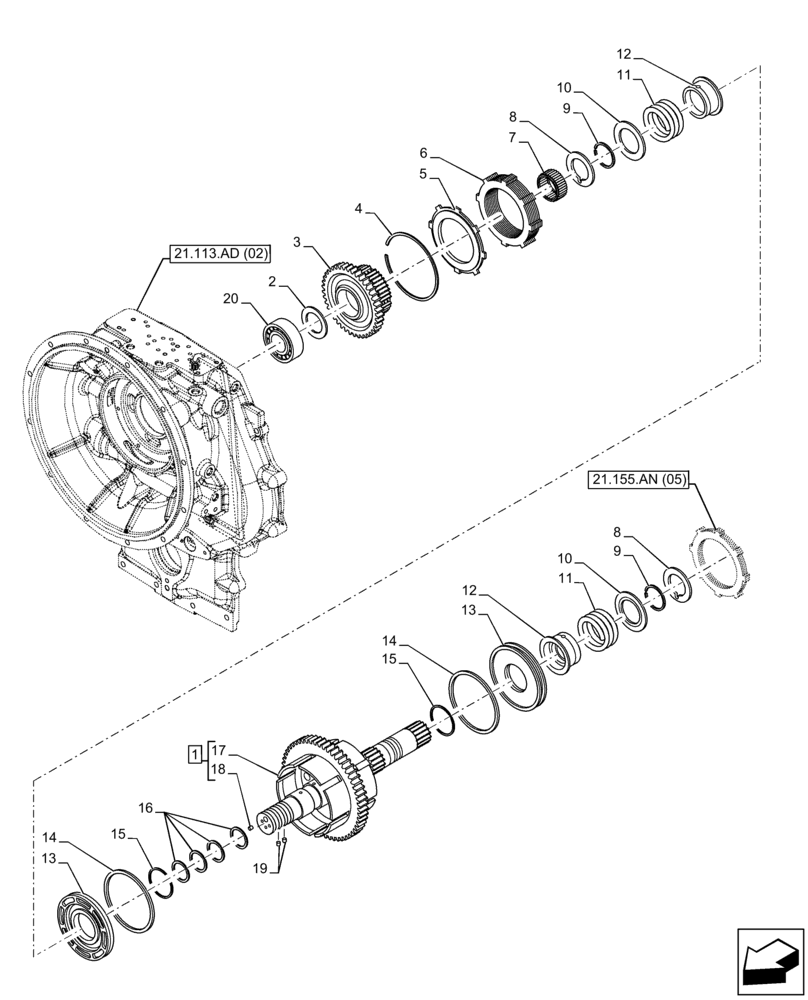 Схема запчастей Case 590SN - (21.155.AN[04]) - VAR - 423062 - TRANSMISSION, POWERSHIFT, INPUT SHAFT, 4WD (21) - TRANSMISSION