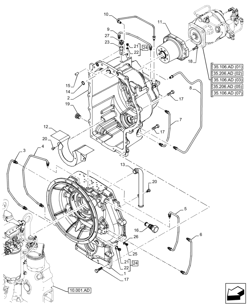 Схема запчастей Case 590SN - (21.113.AD[02]) - VAR - 423062 - TRANSMISSION, POWERSHIFT, HOUSING, 4WD (21) - TRANSMISSION