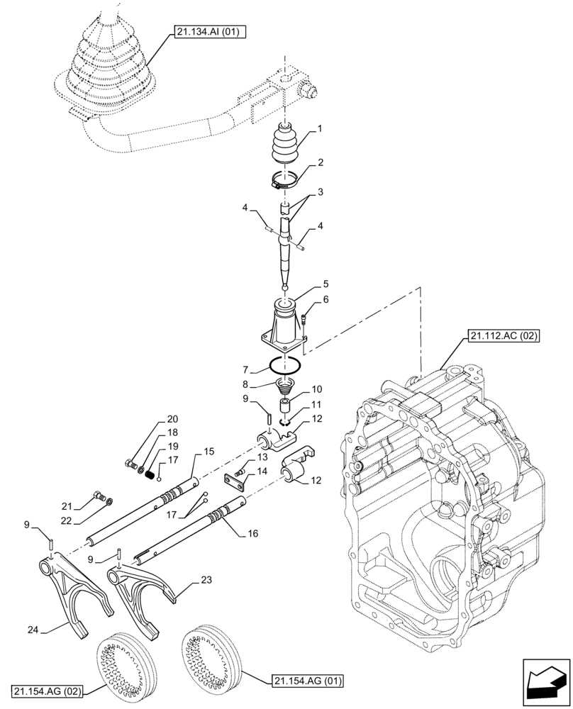 Схема запчастей Case 590SN - (21.134.AH) - VAR - 423059 - TRANSMISSION, POWERSHUTTLE, CONTROL LEVER, 4WD (21) - TRANSMISSION