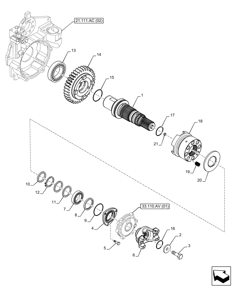 Схема запчастей Case 580SN - (21.152.AK[05]) - VAR - 423061 - TRANSMISSION, SEMI-POWERSHIFT, DRIVE SHAFT, DRIVEN SHAFT, 4WD (21) - TRANSMISSION