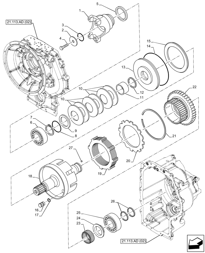 Схема запчастей Case 580SN - (21.155.AY) - VAR - 423062 - TRANSMISSION, POWERSHIFT, OUTPUT SHAFT, 4WD (21) - TRANSMISSION