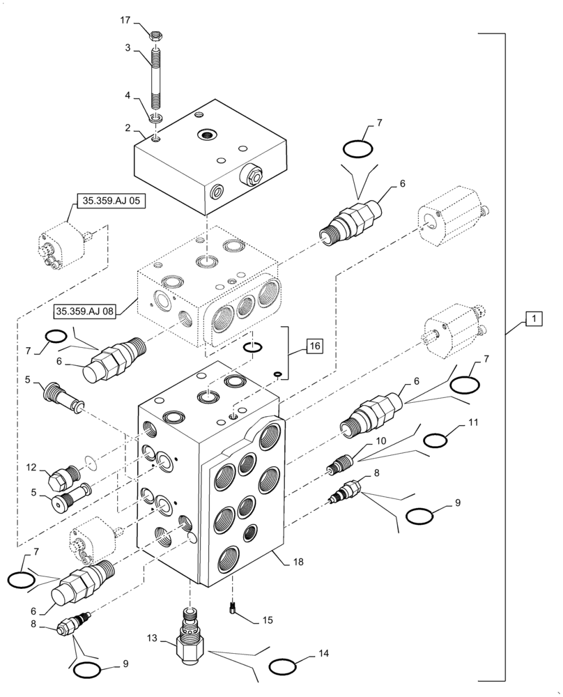 Схема запчастей Case 621F - (35.359.AJ[04]) - VALVE ASSEMBLY LOADER CONTROL 3 SPOOL, Z-BAR AND XR (35) - HYDRAULIC SYSTEMS