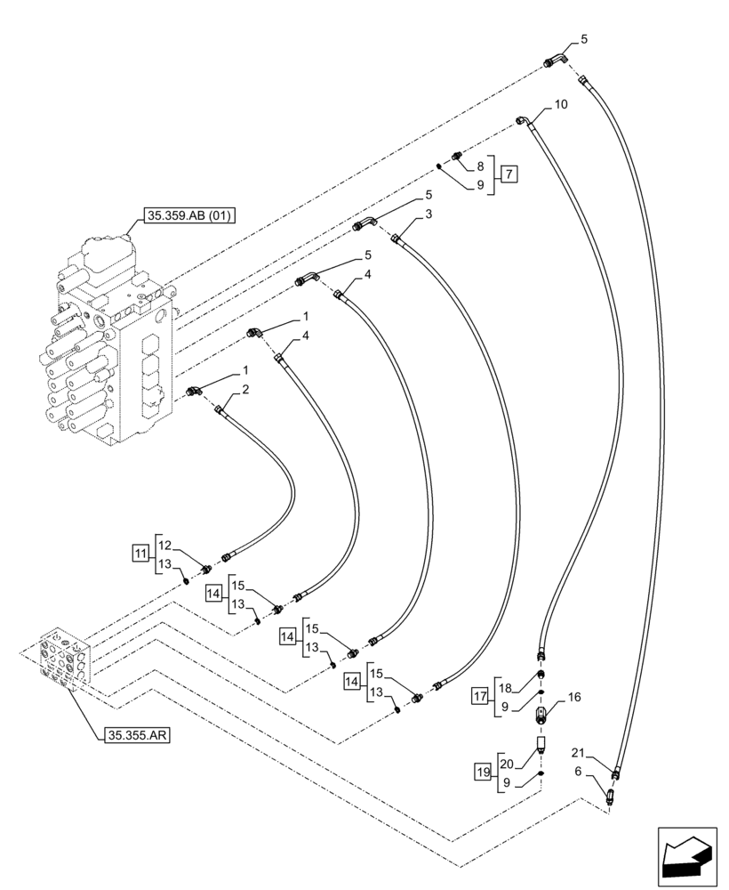 Схема запчастей Case CX250D LC - (35.355.AC[02]) - STD + VAR - 461558 - JOYSTICK, HYDRAULIC LINE, CONTROL VALVE (35) - HYDRAULIC SYSTEMS