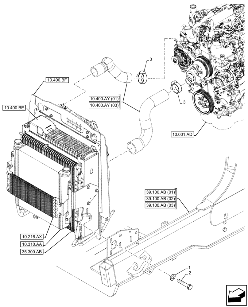 Схема запчастей Case 580N EP - (10.400.AY[02]) - VAR - 423000, 442082, 747853, 747854, 747855 - RADIATOR & HOSE, CLAMP (10) - ENGINE