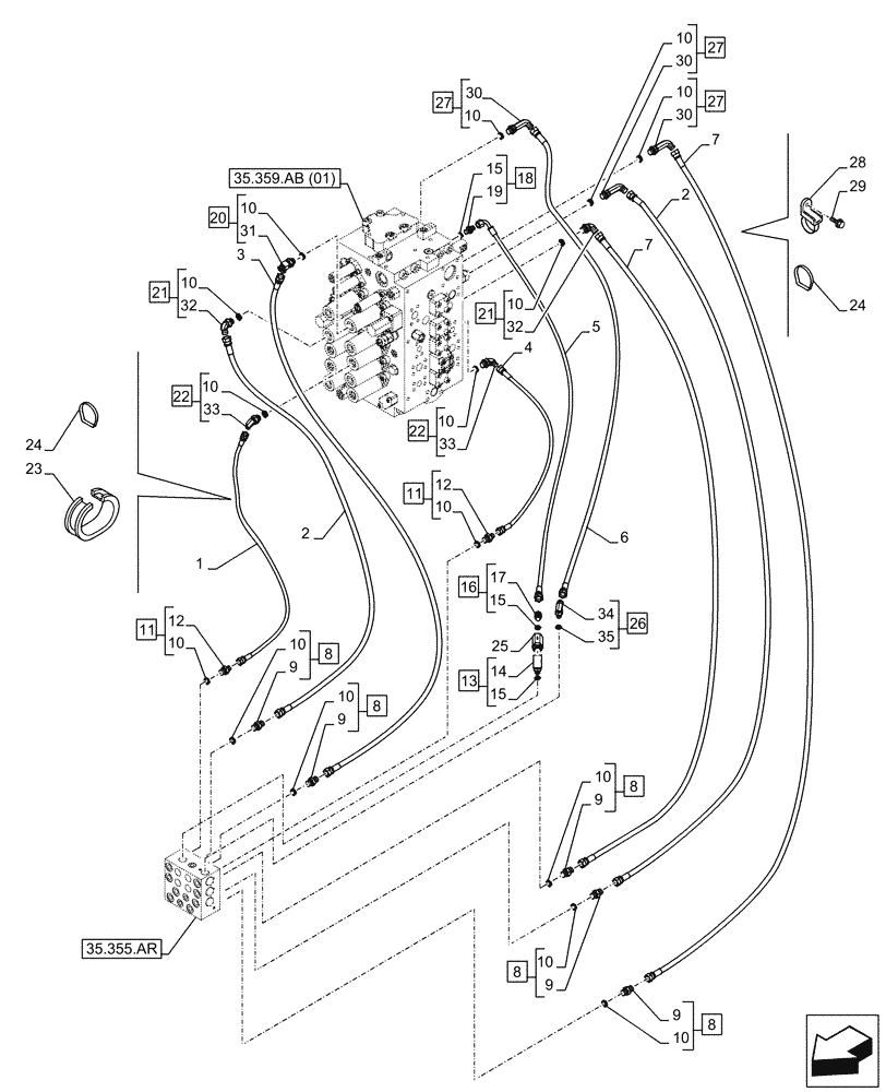 Схема запчастей Case CX210D LC - (35.355.AC[02]) - JOYSTICK, HYDRAULIC LINE, CONTROL VALVE (35) - HYDRAULIC SYSTEMS