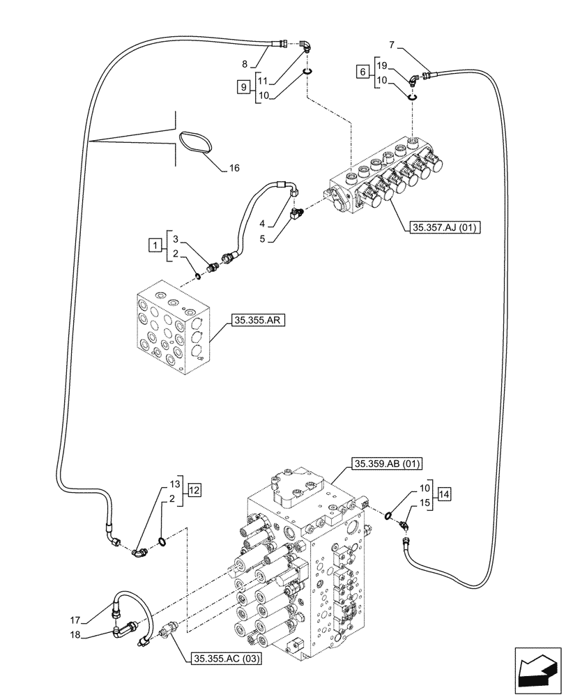 Схема запчастей Case CX210D LC - (35.357.AO[01]) - MAIN, SOLENOID VALVE, PRESSURE PIPE (35) - HYDRAULIC SYSTEMS