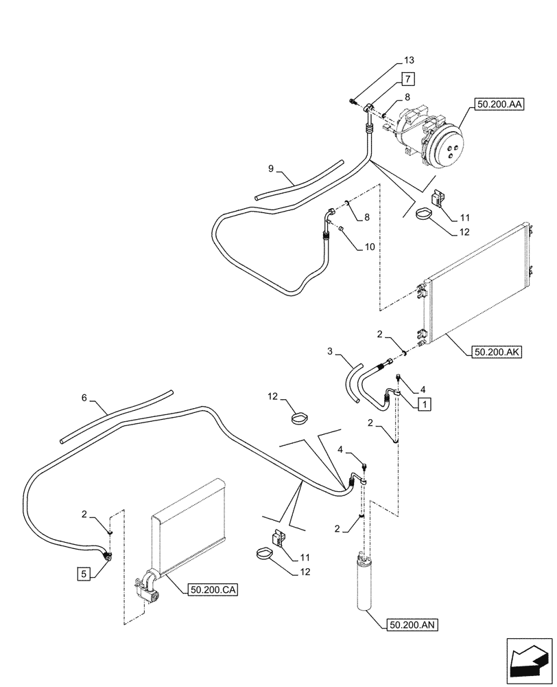 Схема запчастей Case CX210D LC - (50.200.AB[02]) - AIR CONDITIONING, LINES (50) - CAB CLIMATE CONTROL