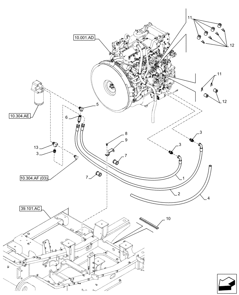 Схема запчастей Case CX210D LC LR - (10.304.AF[02]) - VAR - 488034 - ENGINE, OIL FILTER, DRAIN LINE (10) - ENGINE