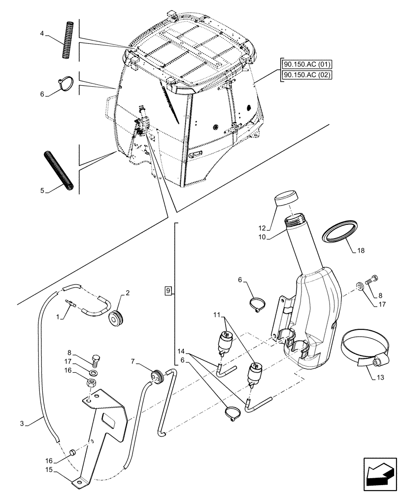 Схема запчастей Case 580N EP - (55.518.AP[01]) - VAR - 747853, 747854, 747855 - CAB, WINDSHIELD WASH RESERVOIR (55) - ELECTRICAL SYSTEMS